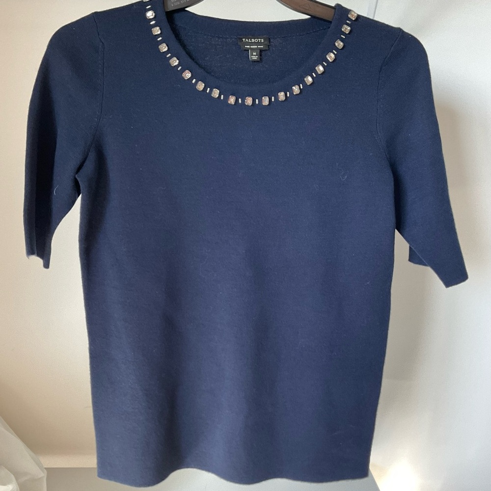 Talbots Navy Women's Top with Embellished Neckline